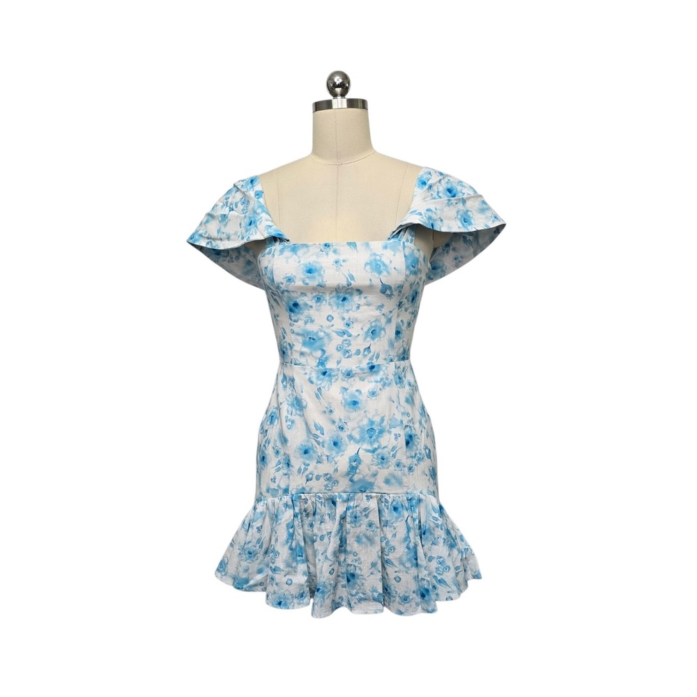 Hello Molly Blue White Floral Ruffle Mini Dress Small Square Neck‎ 100% Cotton